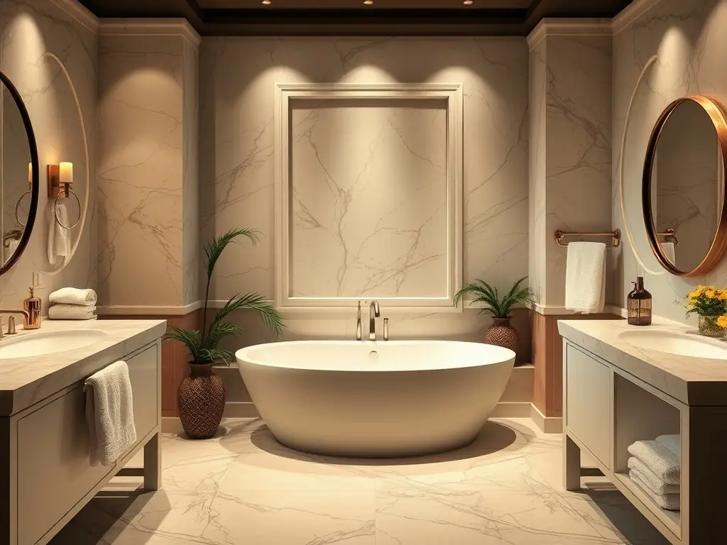 A serene bathroom featuring a soaking tub and elegant fixtures, representing Homecraftpro's bathroom remodeling service.